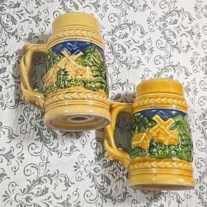 Vintage Windmill MCM Beer Stein Hand Painted Salt Pepper Shaker Set